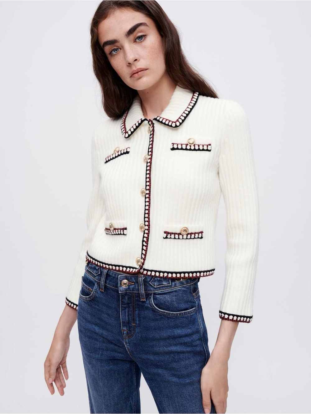 Maje Contrasting Ribbed Cropped Cardigan in ecru size T1 (EU 36) NWT